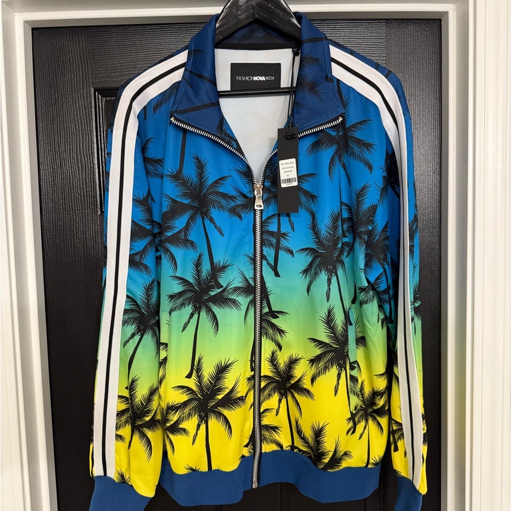 Fashion Nova Blue and Black Palm Tree Track Jacket